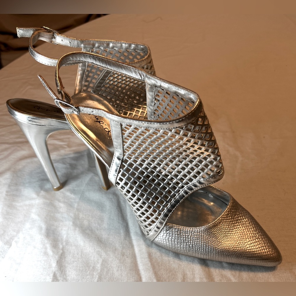 Qupid Silver Metallic Caged Snake Skin Heels